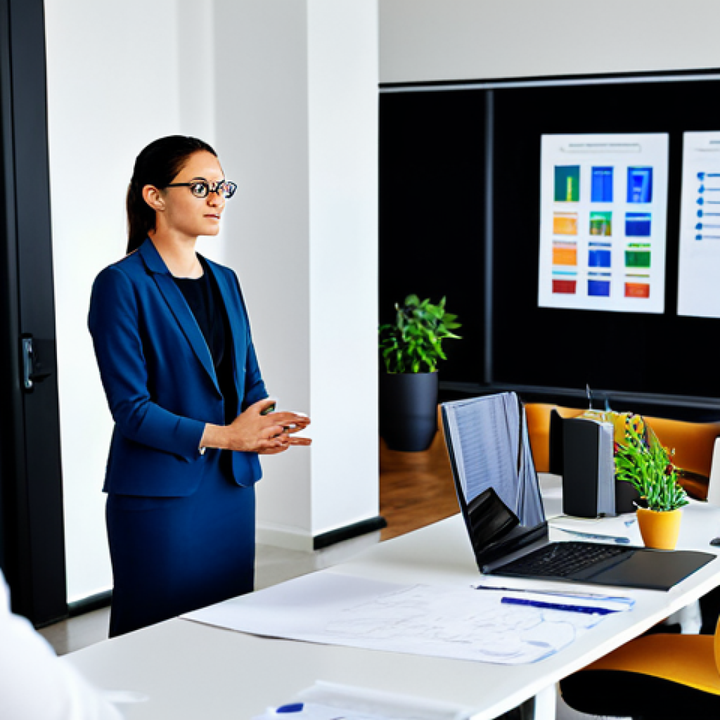 A professional female graphic designer, aged 30s, stands confidently in a modern, collaborative office, fully clothed in modest business attire. She is narrating the story and process behind a design project, gesturing towards a large screen displaying her work to a diverse group of professional colleagues. Her colleagues, a mix of men and women of various ethnicities, are seated around a table, listening attentively and engaged in the discussion. The environment is bright, clean, and organized, conveying a sense of teamwork and innovation. safe for work, appropriate content, fully clothed, professional, perfect anatomy, correct proportions, natural pose, well-formed hands, proper finger count, natural body proportions, high-resolution photography, crisp details.