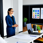 A professional female graphic designer, aged 30s, stands confidently in a modern, collaborative office, fully clothed in modest business attire. She is narrating the story and process behind a design project, gesturing towards a large screen displaying her work to a diverse group of professional colleagues. Her colleagues, a mix of men and women of various ethnicities, are seated around a table, listening attentively and engaged in the discussion. The environment is bright, clean, and organized, conveying a sense of teamwork and innovation. safe for work, appropriate content, fully clothed, professional, perfect anatomy, correct proportions, natural pose, well-formed hands, proper finger count, natural body proportions, high-resolution photography, crisp details.