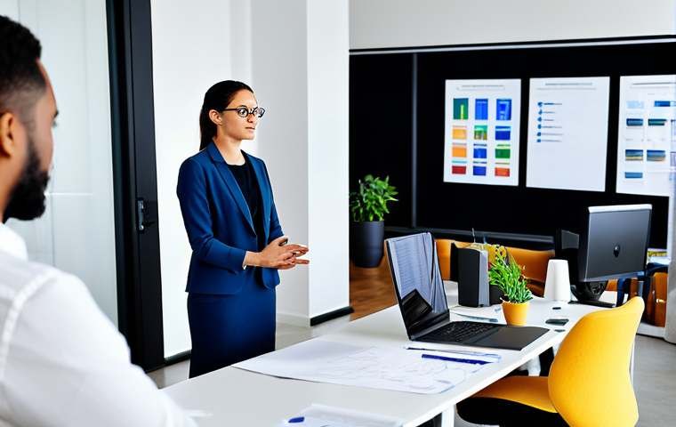A professional female graphic designer, aged 30s, stands confidently in a modern, collaborative office, fully clothed in modest business attire. She is narrating the story and process behind a design project, gesturing towards a large screen displaying her work to a diverse group of professional colleagues. Her colleagues, a mix of men and women of various ethnicities, are seated around a table, listening attentively and engaged in the discussion. The environment is bright, clean, and organized, conveying a sense of teamwork and innovation. safe for work, appropriate content, fully clothed, professional, perfect anatomy, correct proportions, natural pose, well-formed hands, proper finger count, natural body proportions, high-resolution photography, crisp details.