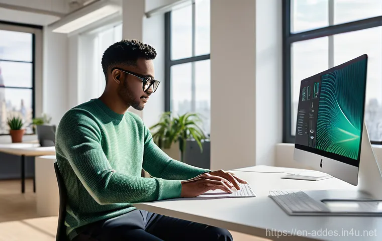 광고디자인 자격증 시험 후기 - A diverse graphic designer, wearing smart casual attire including a fitted sweater and well-tailored...