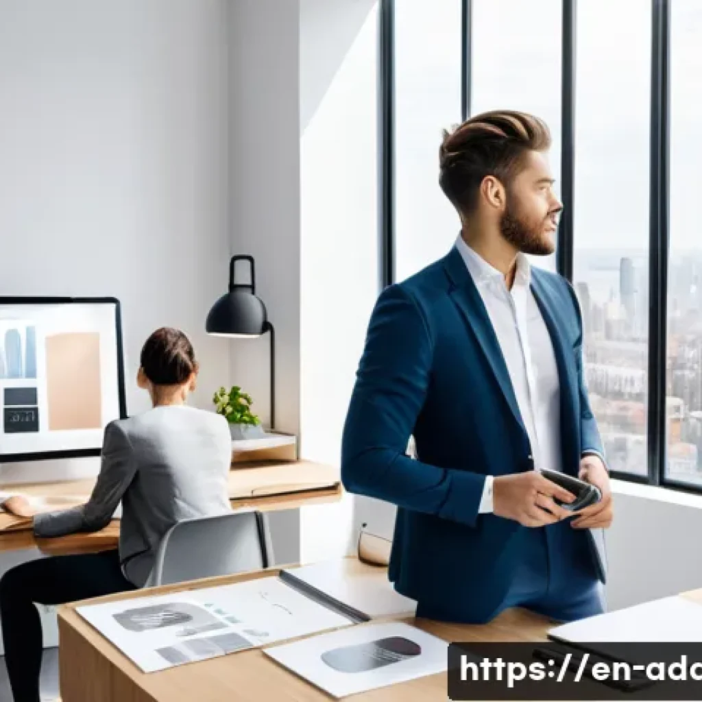 광고디자인 실무에서 자주 쓰이는 툴 - **A modern advertising design studio, bathed in soft, natural light, where a diverse team of designe...