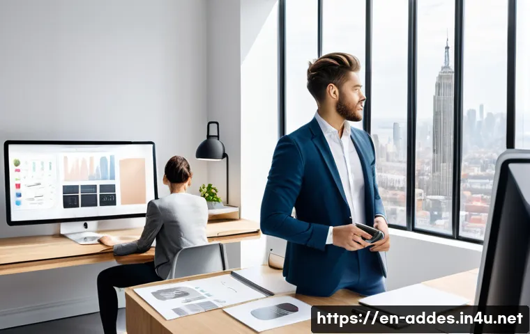 광고디자인 실무에서 자주 쓰이는 툴 - **A modern advertising design studio, bathed in soft, natural light, where a diverse team of designe...