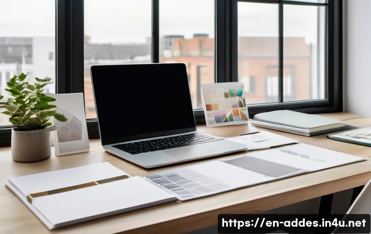 광고디자인 포트폴리오 제작 가이드 - A sleek modern designer’s workspace featuring a high-resolution laptop displaying a clean, minimalis...