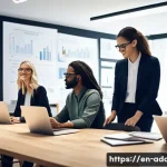 광고디자인 현업에서 자주 묻는 질문 - A modern advertising design studio scene featuring a diverse team of creative professionals collabor...