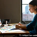 광고디자인과 프리랜서의 삶 - Photorealistic editorial scene of a freelance advertising designer working at a sunlit loft studio i...