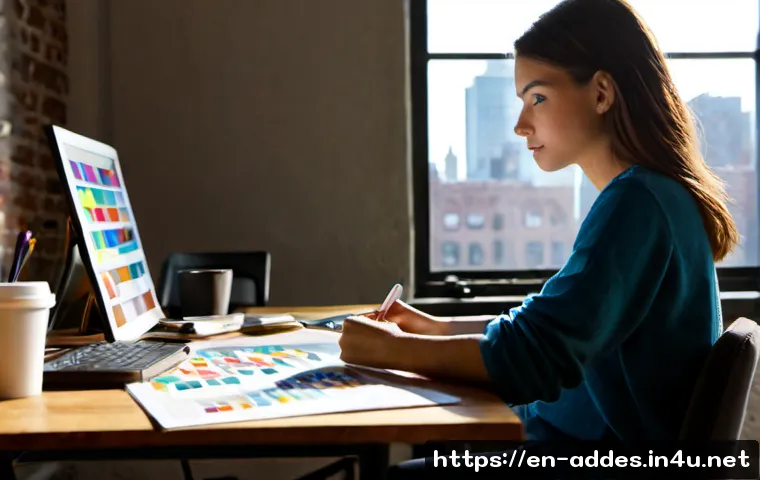 광고디자인과 프리랜서의 삶 - Photorealistic editorial scene of a freelance advertising designer working at a sunlit loft studio i...